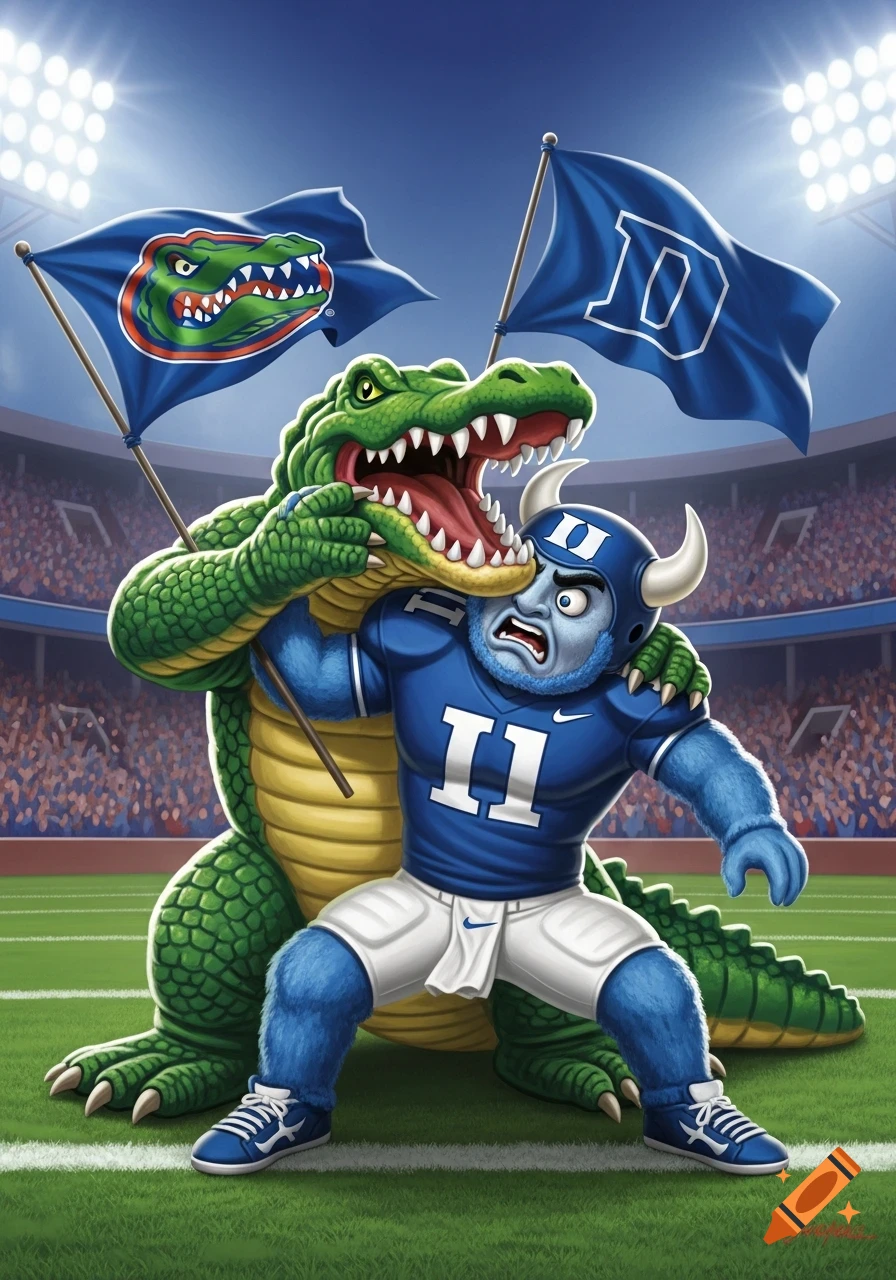 A cartoon alligator mascot, representing the Florida Gators, with its mouth open around the head of a blue furry mascot, representing the Duke Blue Devils, on a football field in a stadium.