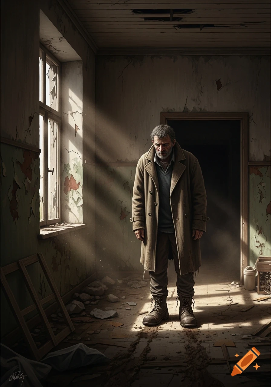 A distressed homeless man in a tattered coat stands in a sunlit, dilapidated room with muddy boots and floor.