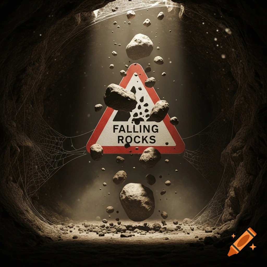 A UK falling rocks road sign suspended in a dark cave with rocks falling and spiderwebs on the walls.