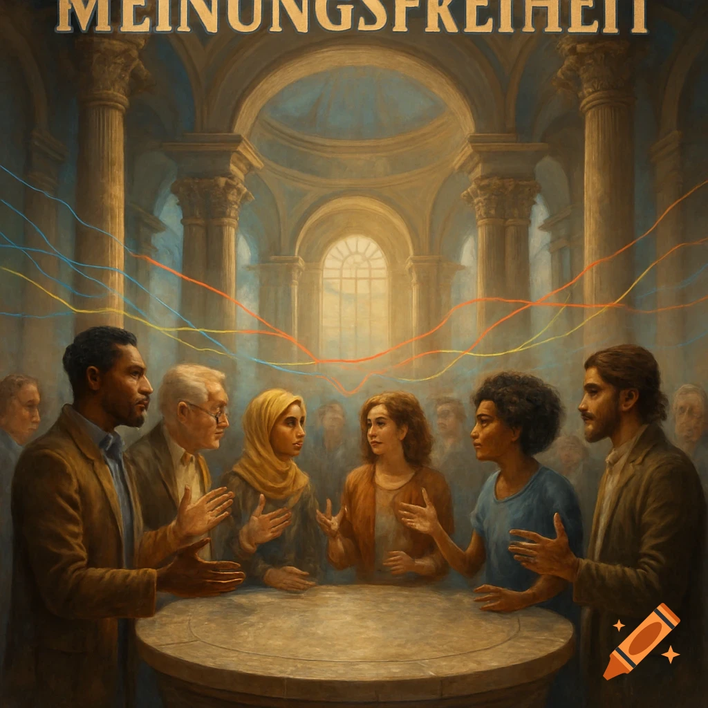 Diverse people discussing around a table in a grand classical hall with 'MEINUNGSFREIHEIT' text above, in an oil painting style.