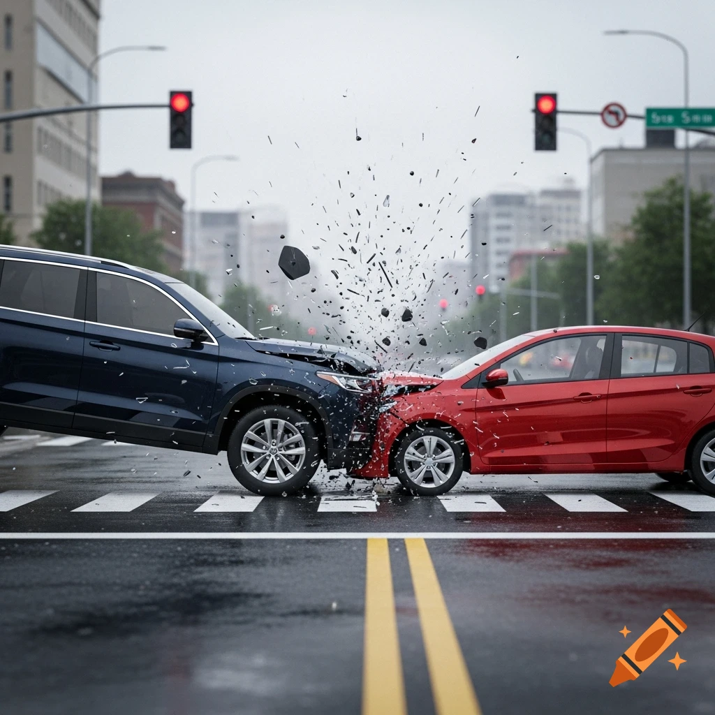A dark blue SUV collides with a red car at a rainy city intersection, sending debris flying in a photorealistic style.
