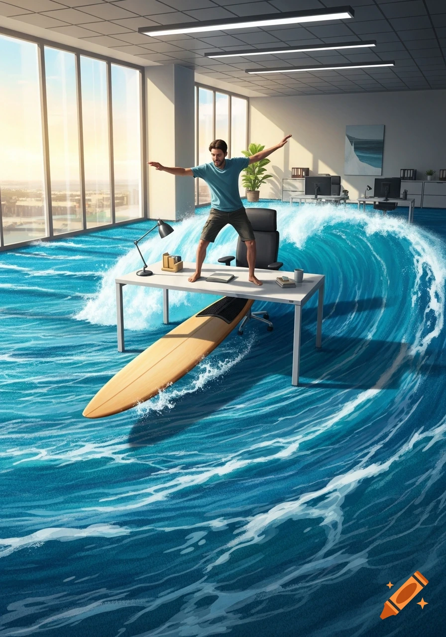 A man surfs on an office desk like a surfboard, riding a large wave that fills the office floor, with city views outside.
