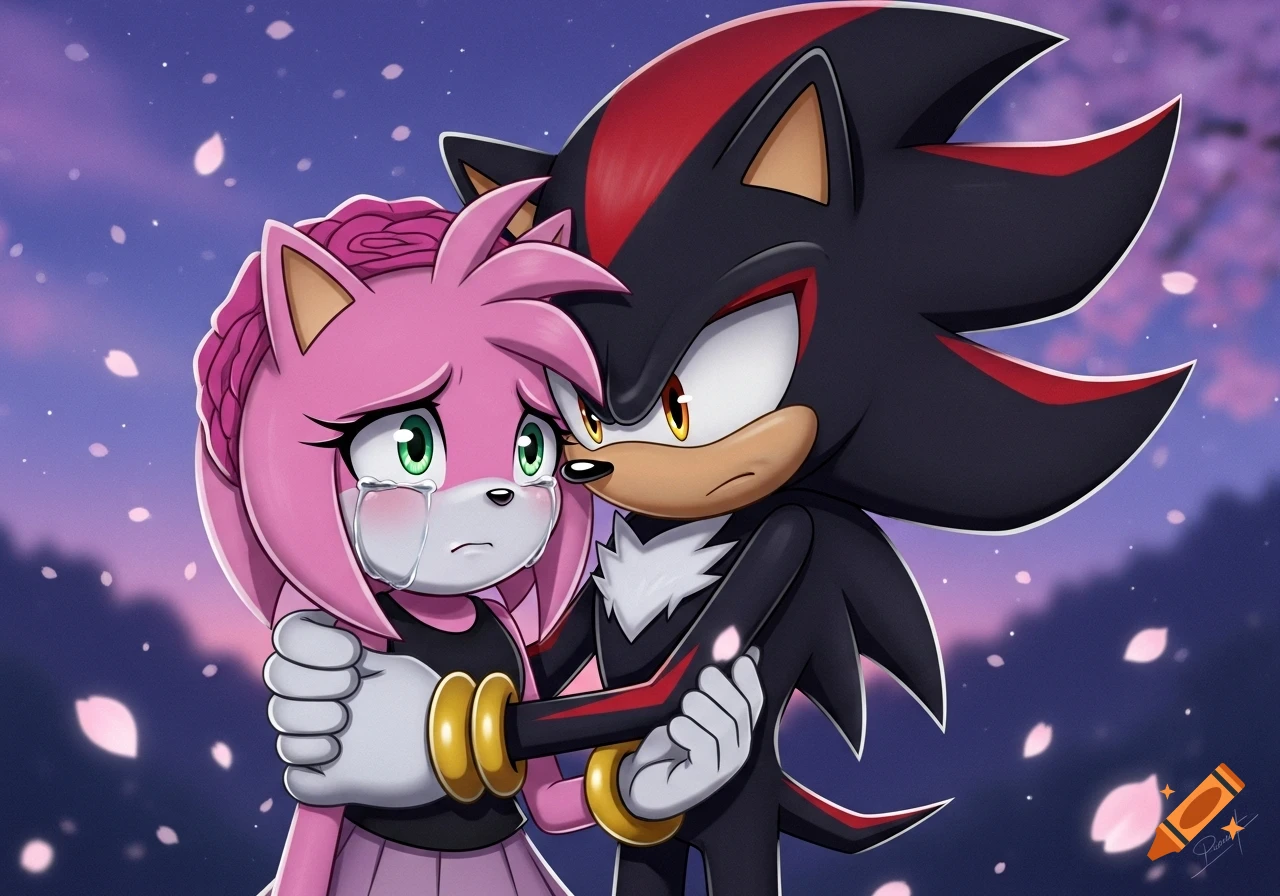 Amy Rose cries as Shadow the Hedgehog comforts her with a hug under a twilight sky with falling pink petals in a cartoon style.