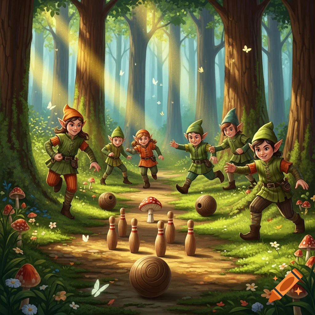 Colorful illustration of cheerful elves bowling in a lush, sunlit enchanted forest with mushrooms and butterflies.