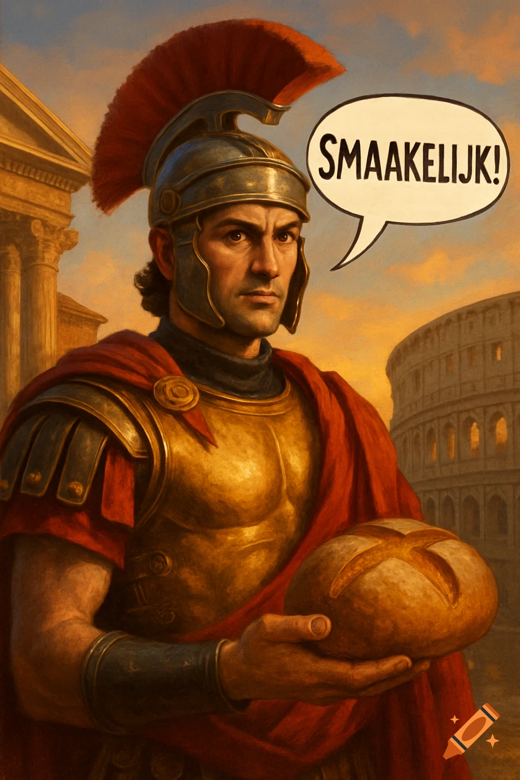 An illustration of a Roman soldier in armor holding bread, with a speech bubble "SMAAKELIJK!" and Roman architecture.