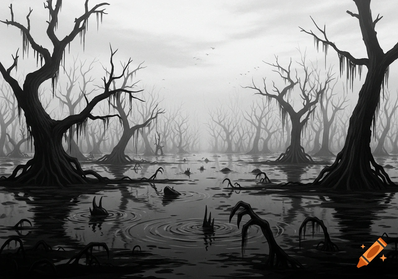 Black and white illustration of a creepy, foggy swamp with gnarled leafless trees and eerie claw-like shapes emerging from dark water.