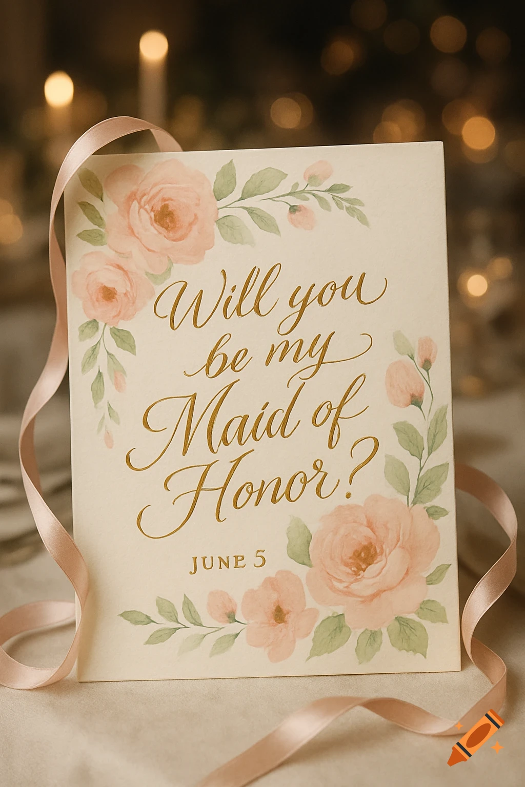 Wedding invitation with pink watercolor roses and green leaves, tied with a peach ribbon, asking 'Will you be my Maid of Honor?'