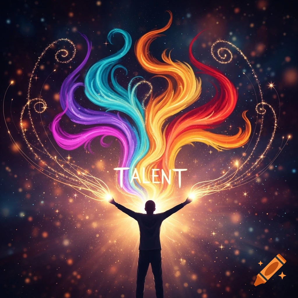 Silhouette of a person with arms outstretched, emitting vibrant, colorful energy with the word 'TALENT' above, against a starry background.