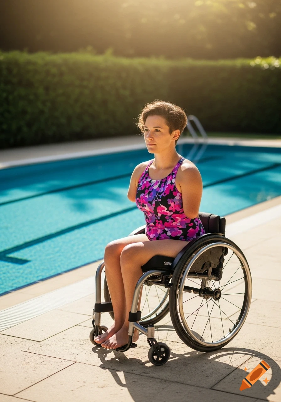 A woman with missing forearms in a wheelchair wears a floral swimsuit by a sunlit swimming pool.