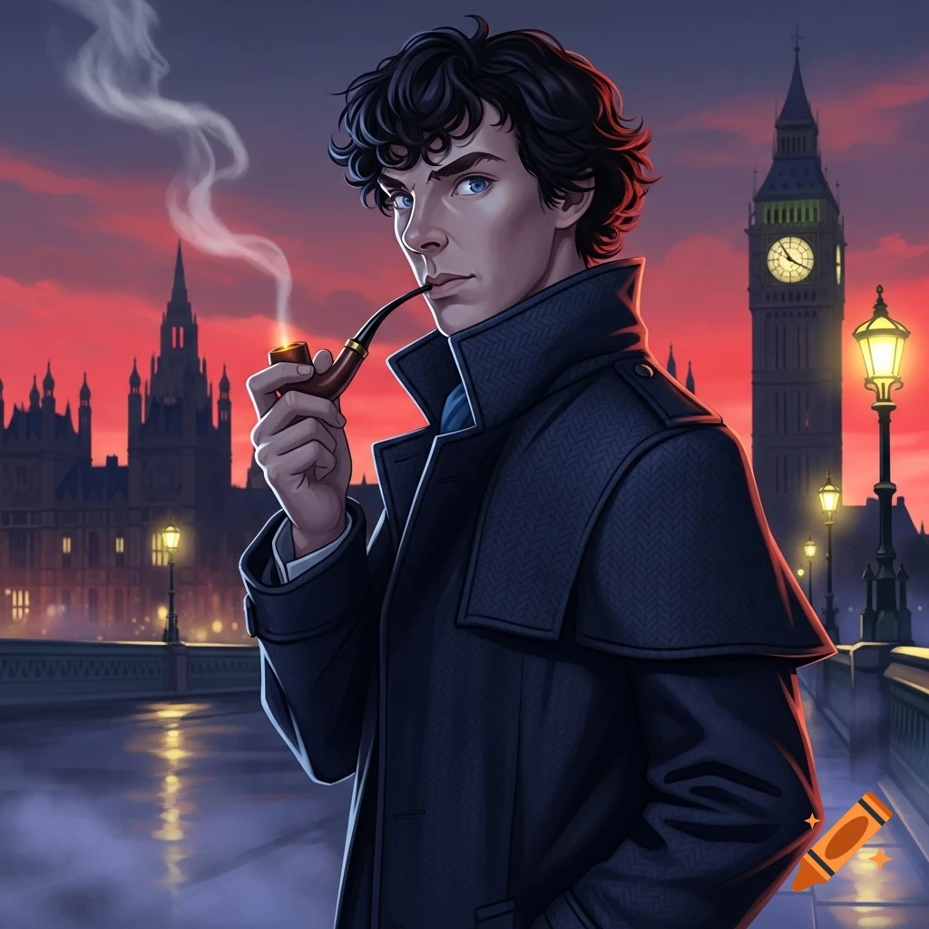 Anime illustration of a Sherlock Holmes-like man with a pipe on a London bridge at dusk, with Big Ben and Parliament in the background.