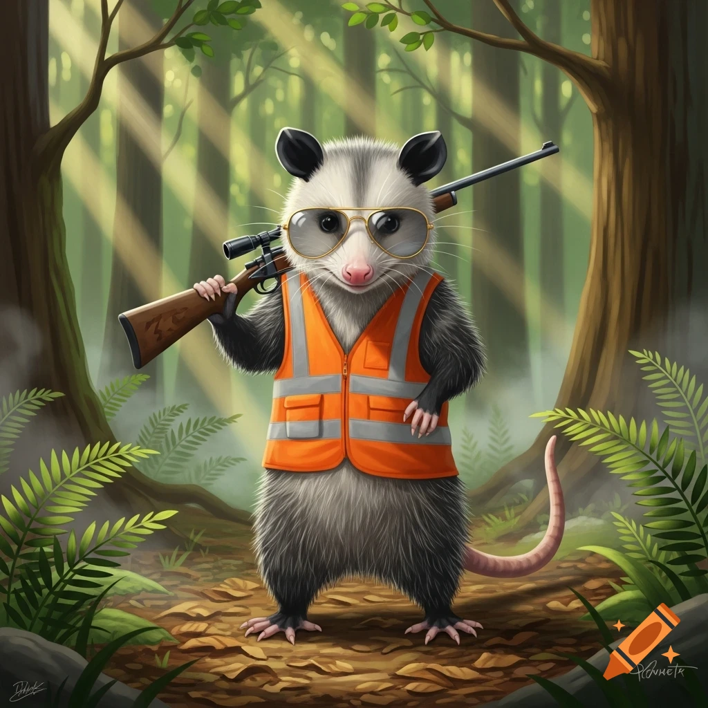 A cartoon opossum wearing a hunter safety vest and sunglasses, holding a rifle in a sunlit forest.