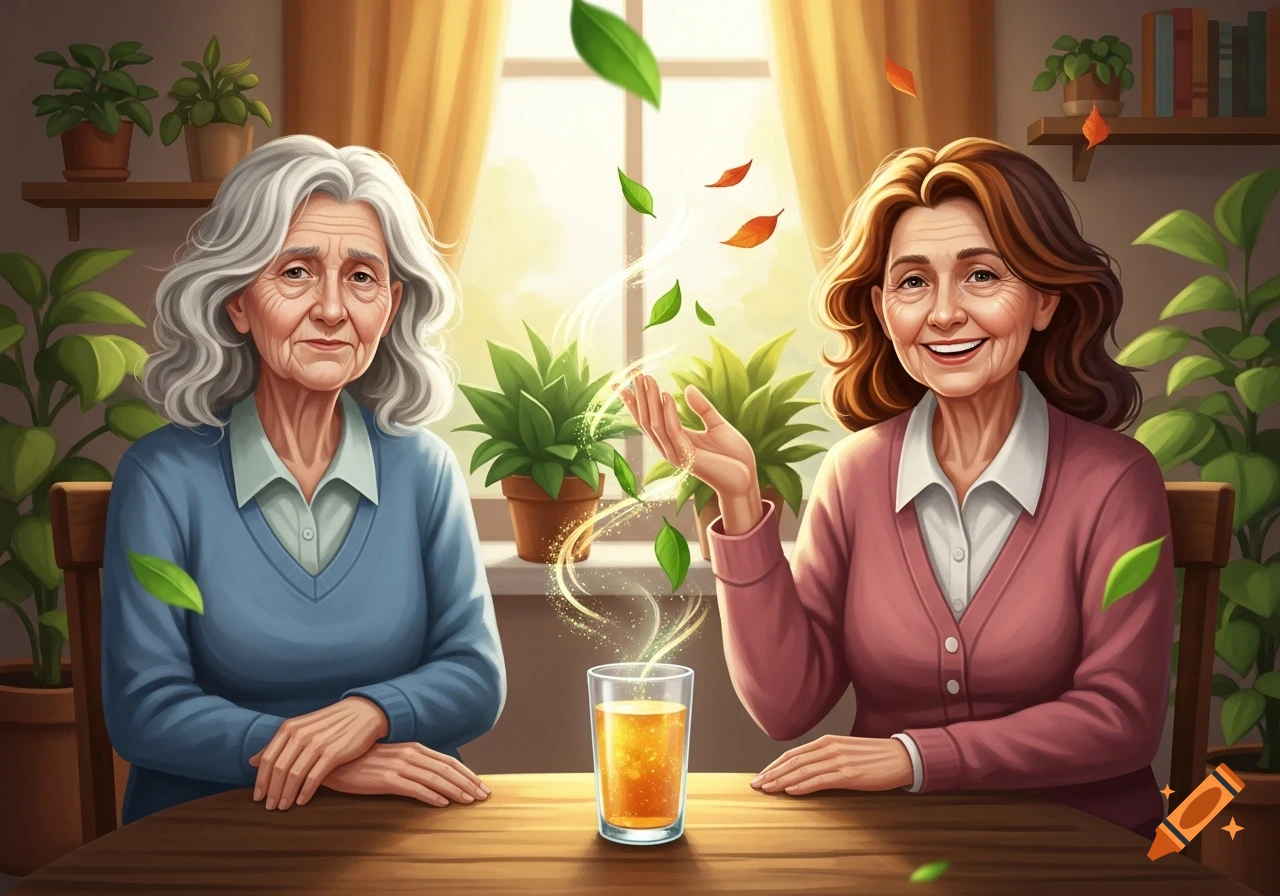 Two older women sit at a table, one with a serious expression and the other smiling, with a glowing drink and floating leaves between them, surrounded by houseplants.