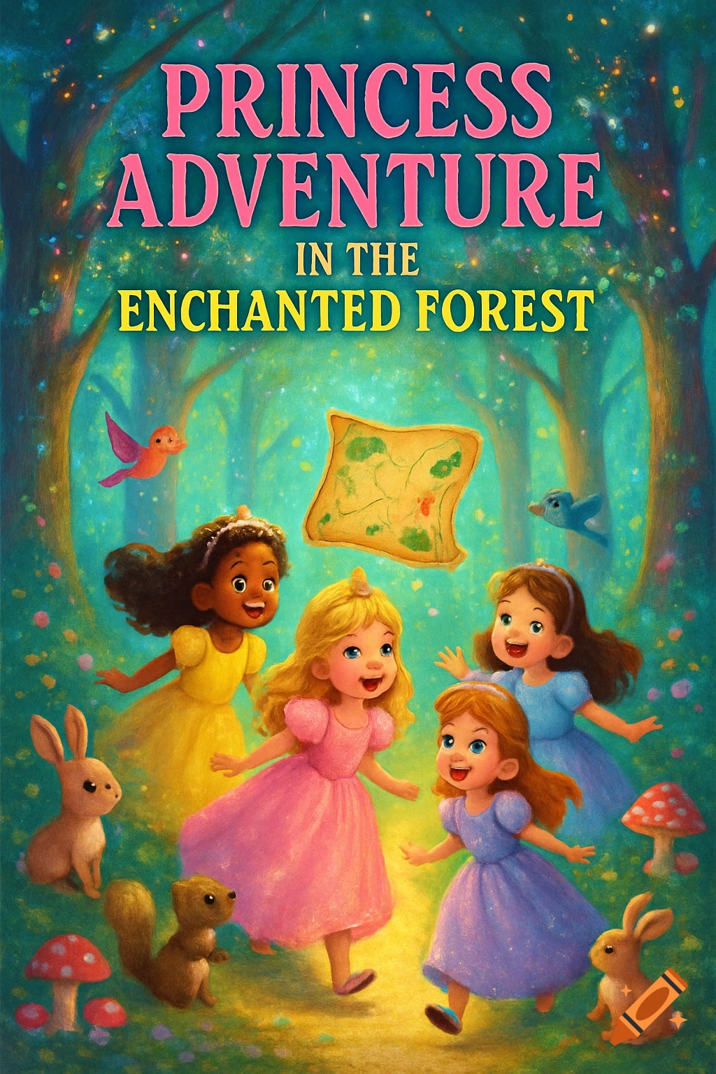 A colorful children's book cover illustration of four diverse princesses in an enchanted forest, with a floating treasure map and whimsical animals.