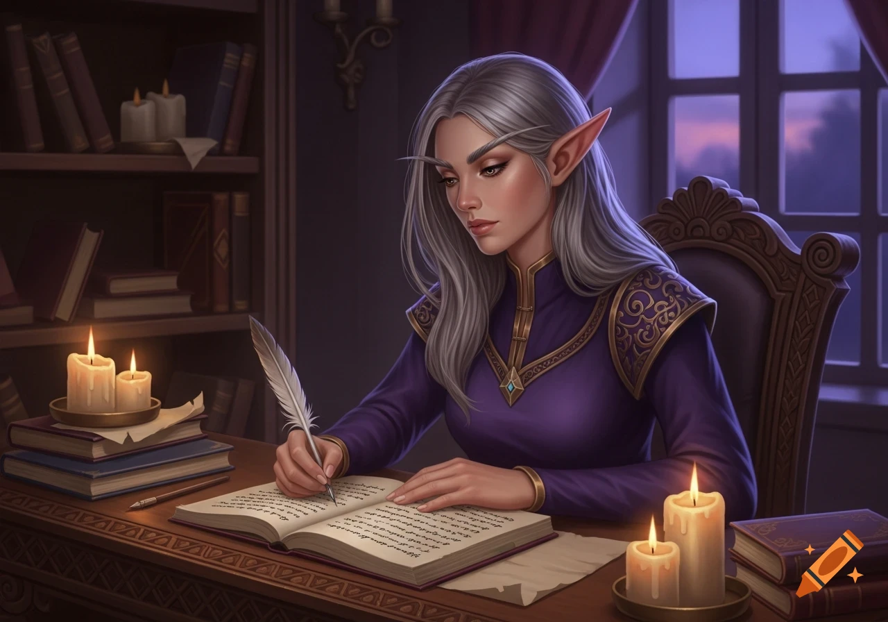 An elf with silver hair and pointed ears writes with a quill in a large book on a wooden desk, surrounded by candles and bookshelves at dusk.