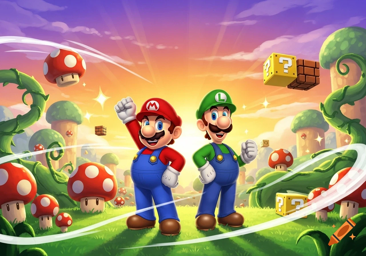 Mario and Luigi pose heroically in a vibrant, illustrated mushroom kingdom landscape with floating blocks and beanstalks.