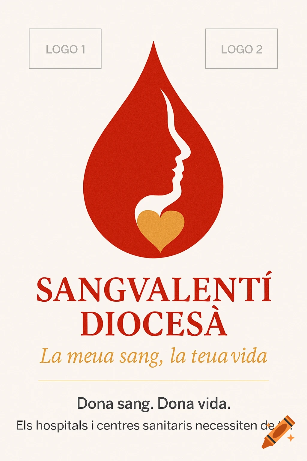 Minimalist vertical poster for a blood donation event, featuring a large red blood drop with a white human profile and a gold heart, on a light background. Text includes event name and slogans.