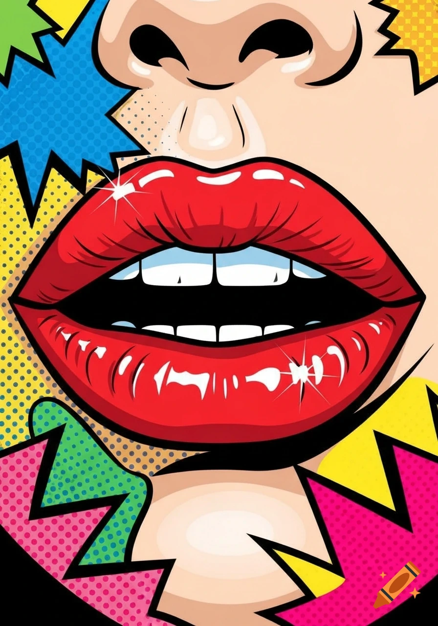 Close-up pop art illustration of glossy red lips with white teeth, set against colorful comic book style burst patterns.