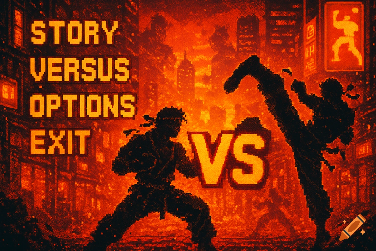 Pixel art fighting game menu with 'STORY', 'VERSUS', 'OPTIONS', 'EXIT' and two silhouetted fighters in a red-orange cityscape.
