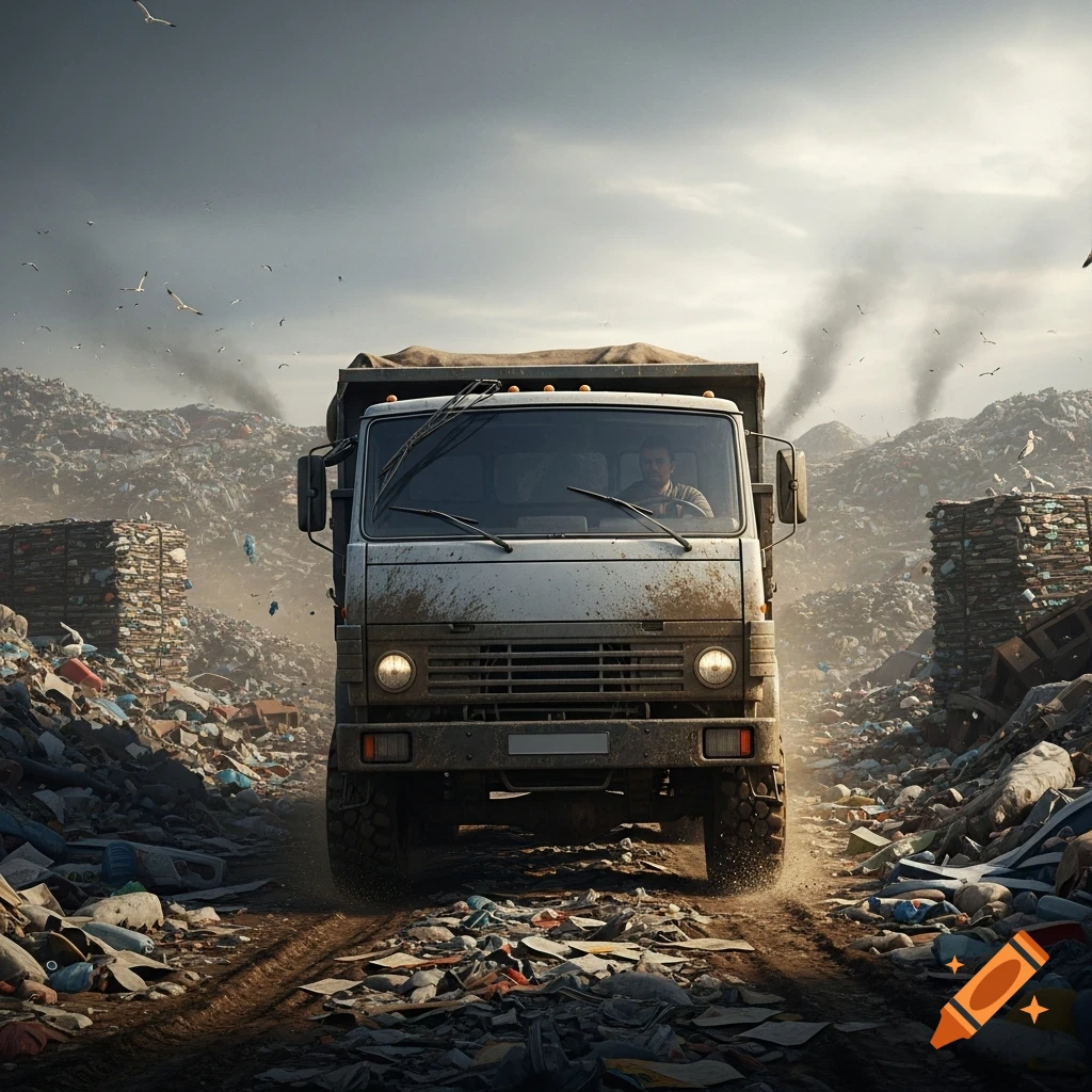 A dirty white dump truck drives on a muddy road through a vast landfill filled with garbage under a cloudy sky.