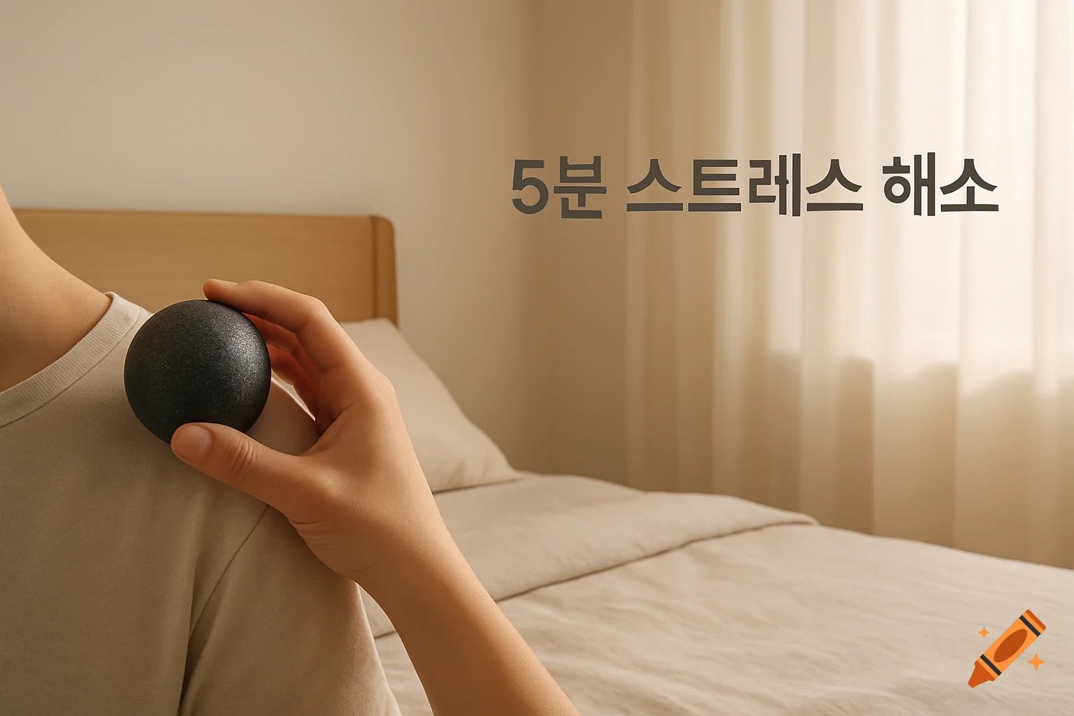 A hand presses a black massage ball onto a shoulder in a cozy bedroom. Text overlay reads '5분 스트레스 해소' (5-minute stress relief).