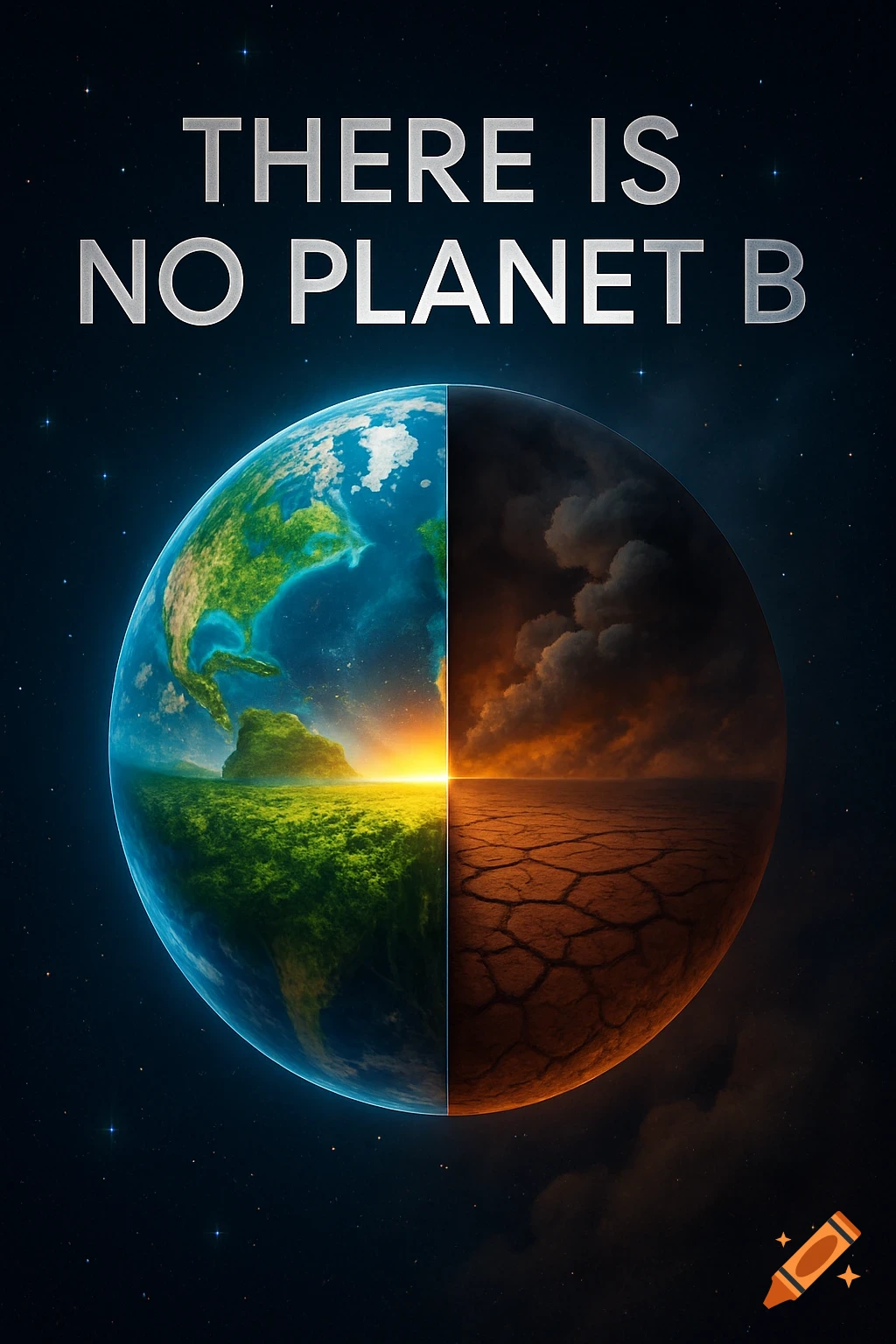 A poster showing Earth split in half: one side vibrant green and blue, the other dry and cracked under a smoky sky. Text reads 'THERE IS NO PLANET B'.