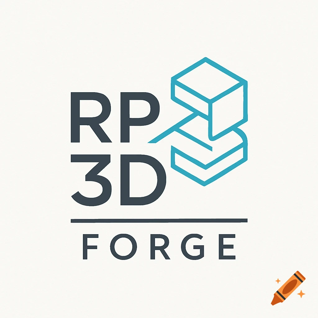 Minimalist logo for RP 3D FORGE with stacked blue outlines representing 3D printing on a white background.