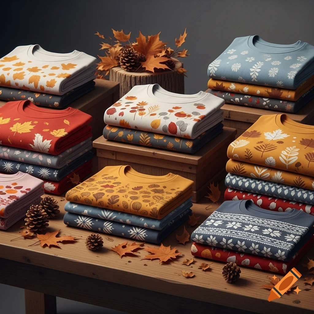 Neatly folded seasonal tee shirts with autumn patterns displayed on a wooden table, adorned with fall leaves and pinecones.
