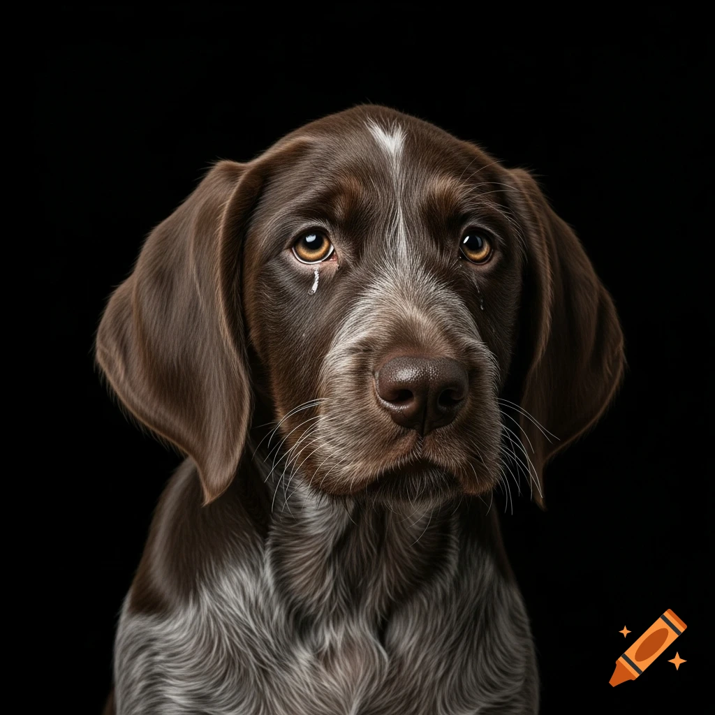 Photorealistic close-up of a sad brown wirehair pointer puppy with tears in its eyes, against a black background.