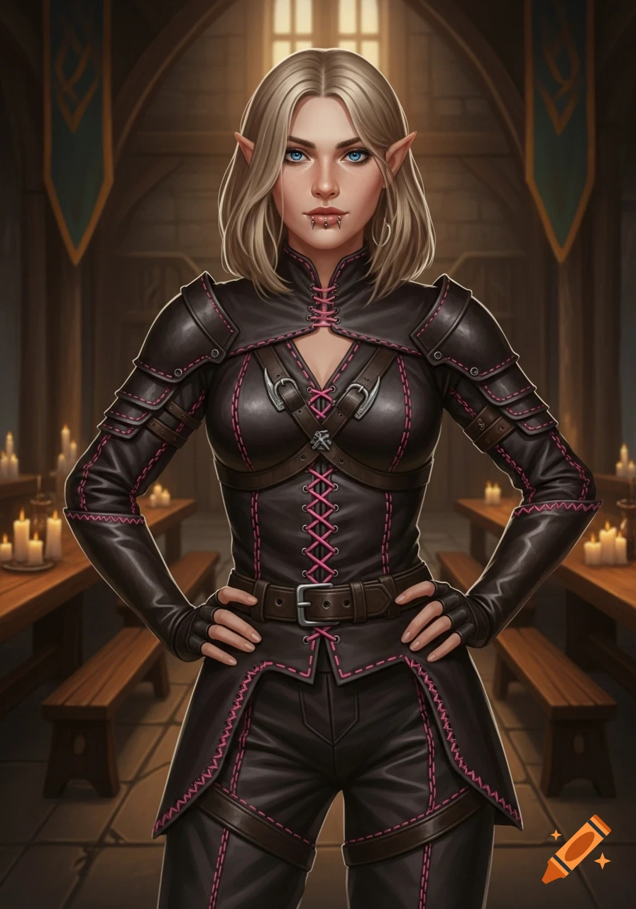 An elf-like woman with blonde hair, blue eyes, and snake bite piercings in a dark leather outfit with pink lacing stands in a DND style hall.