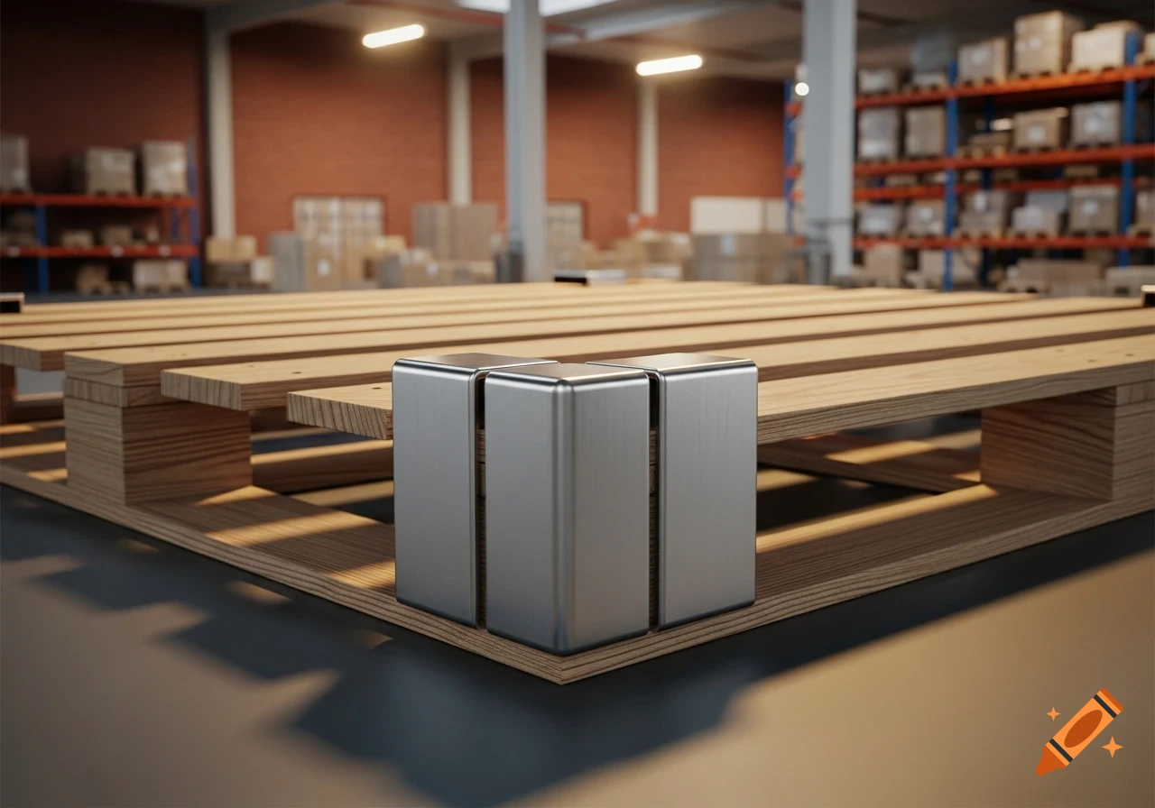 Photorealistic close-up of wooden pallets with silver edge protectors in a warehouse setting.
