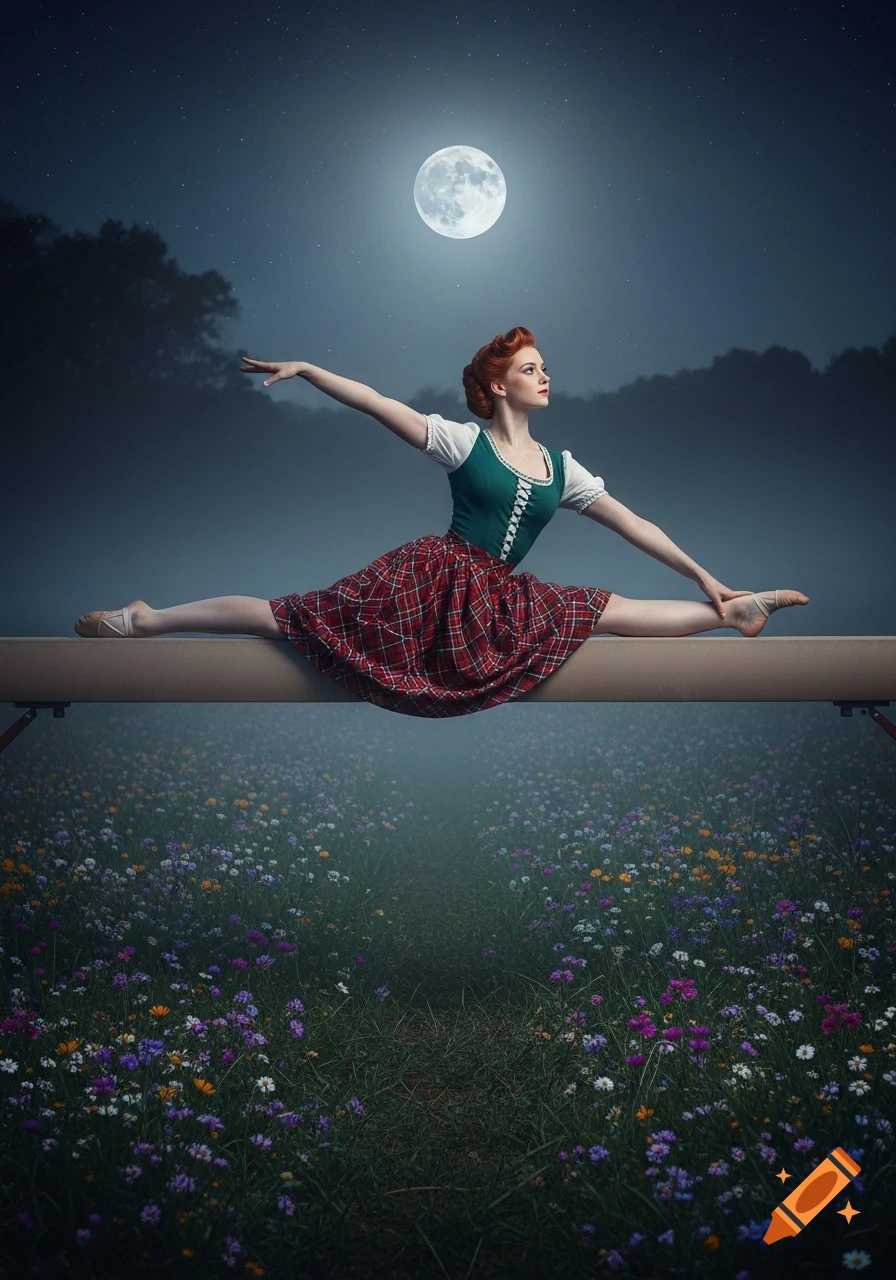 A red-haired woman in a green top and red plaid skirt performs a split on a balance beam under a full moon in a flower meadow at night.