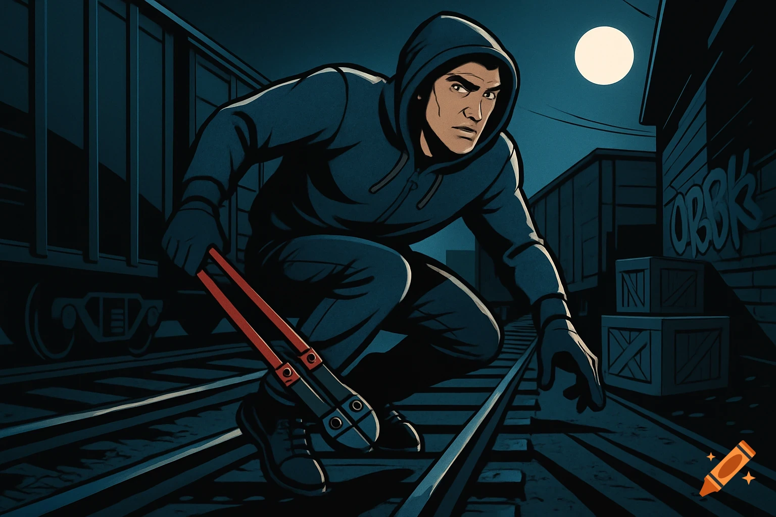 A man in a blue hoodie crouches on train tracks at night, holding bolt cutters, in a graphic novel style.