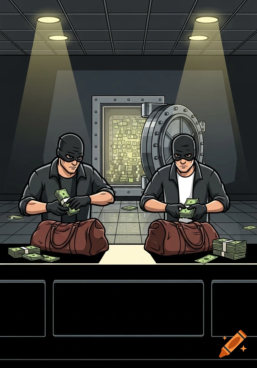 Two cartoon robbers in a vault counting stacks of cash and loading them into duffel bags, in a graphic novel style.