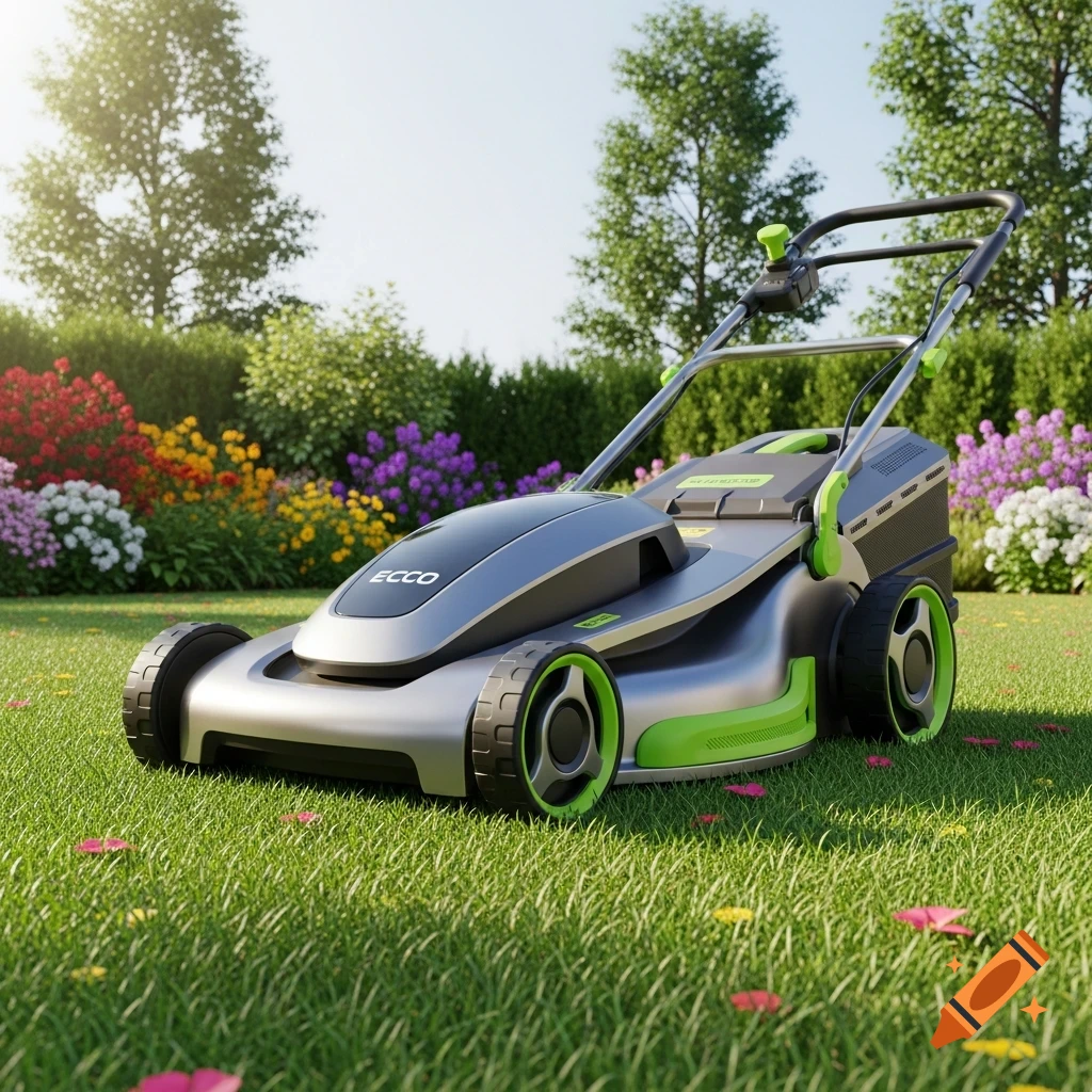A shiny gray and green electric lawn mower on a lush green lawn, with colorful flowers and trees under a sunny sky.
