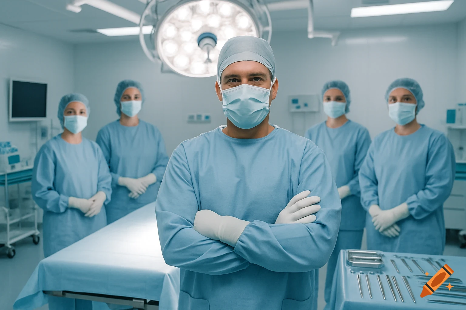 Male surgeon with mask and scrubs in an operating room, flanked by masked medical staff and surgical tools.