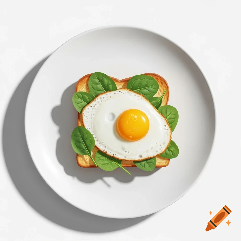 Photorealistic top-down view of a fried egg and fresh spinach on toast, served on a white plate.