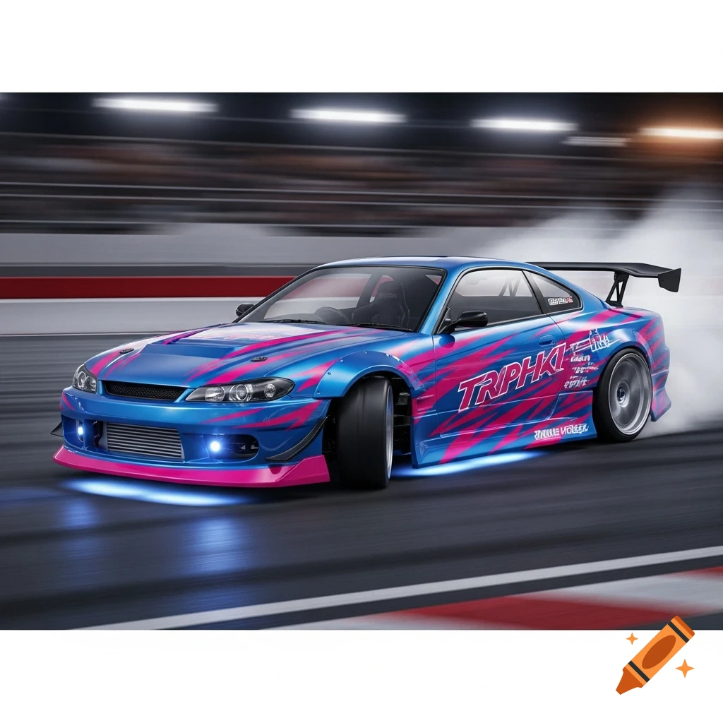 A blue and pink drift car with neon underglow speeds on a race track, leaving a trail of smoke.