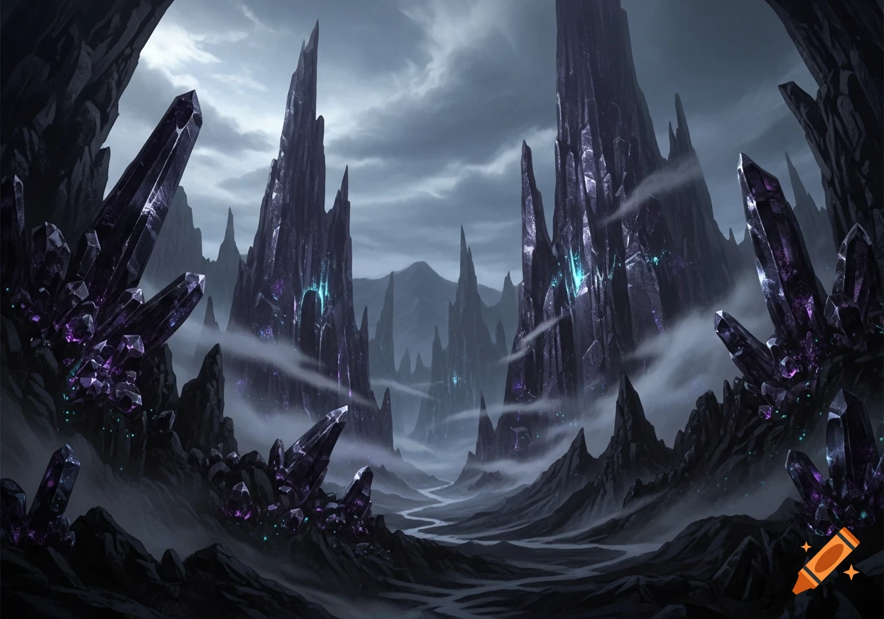 A dark fantasy landscape with towering jagged crystal formations and a ...