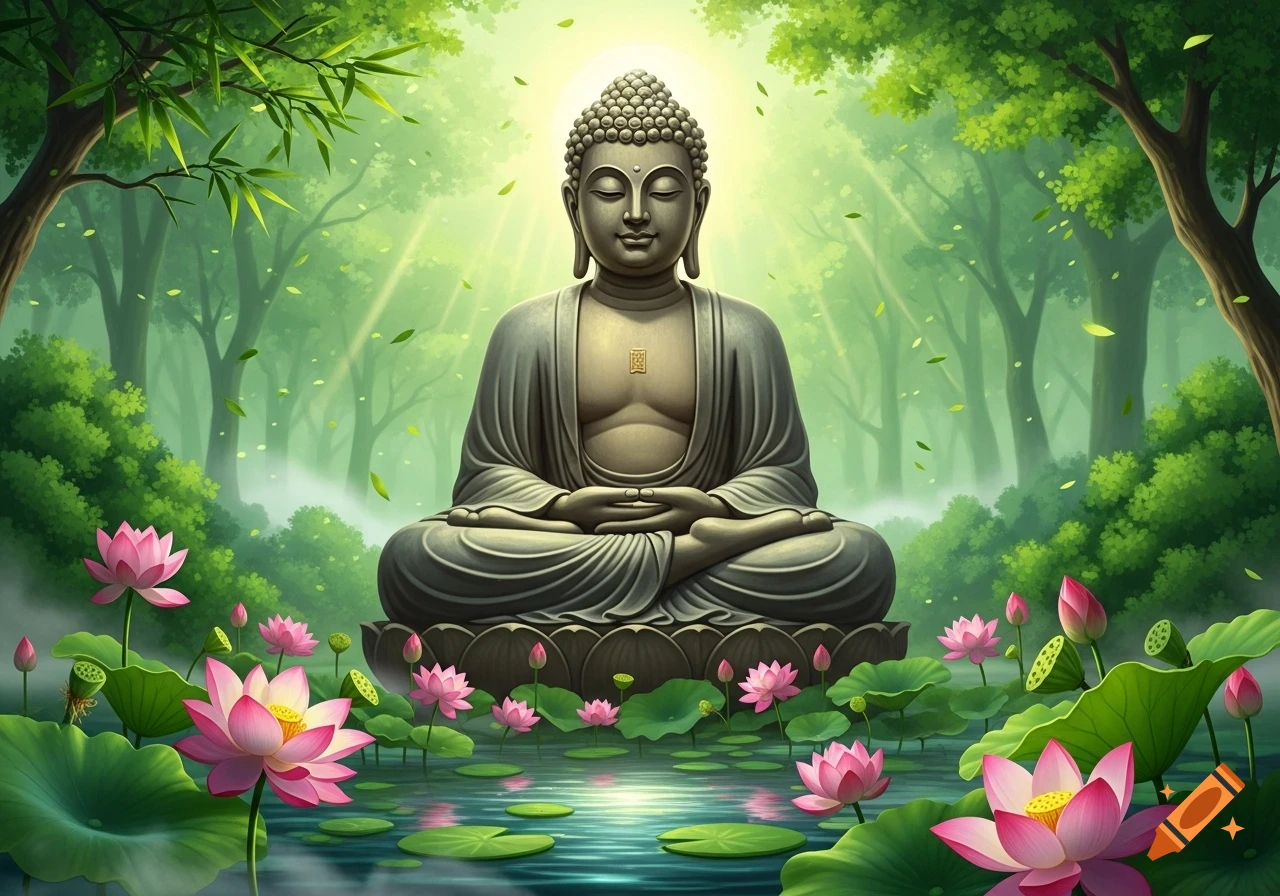 A serene Buddha statue meditating on a lotus flower in a lush green forest with glowing sunlight and falling leaves.