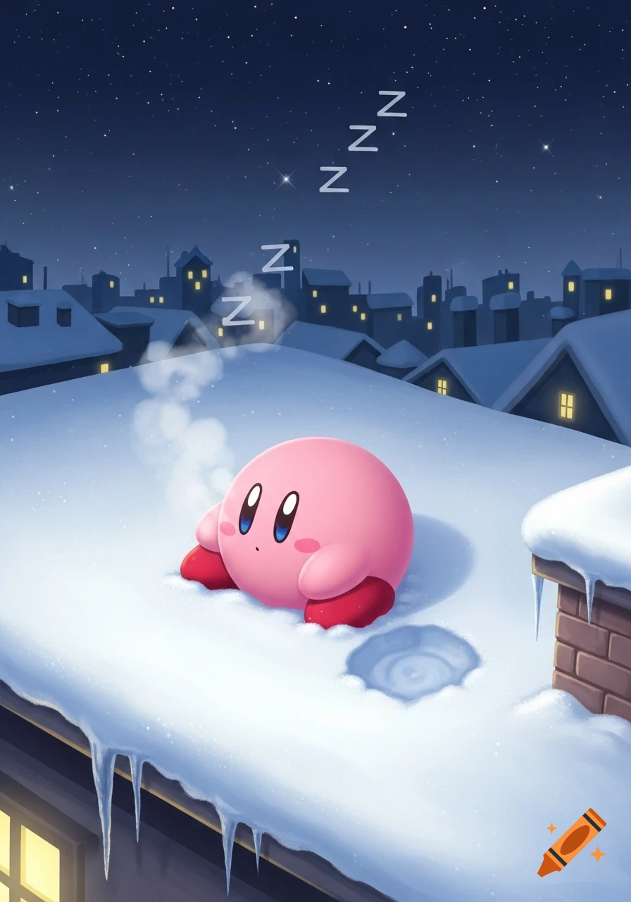 Kirby, a pink spherical character, sleeps on a snowy rooftop, with "Z"s floating above him. Steam rises from a chimney, and icicles hang from the eaves, all in a charming cartoon style.