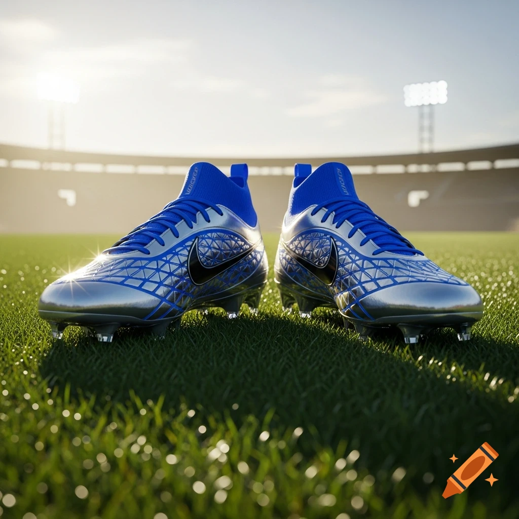 A pair of shiny silver and blue football cleats with black swooshes sit on a grass field in a stadium.