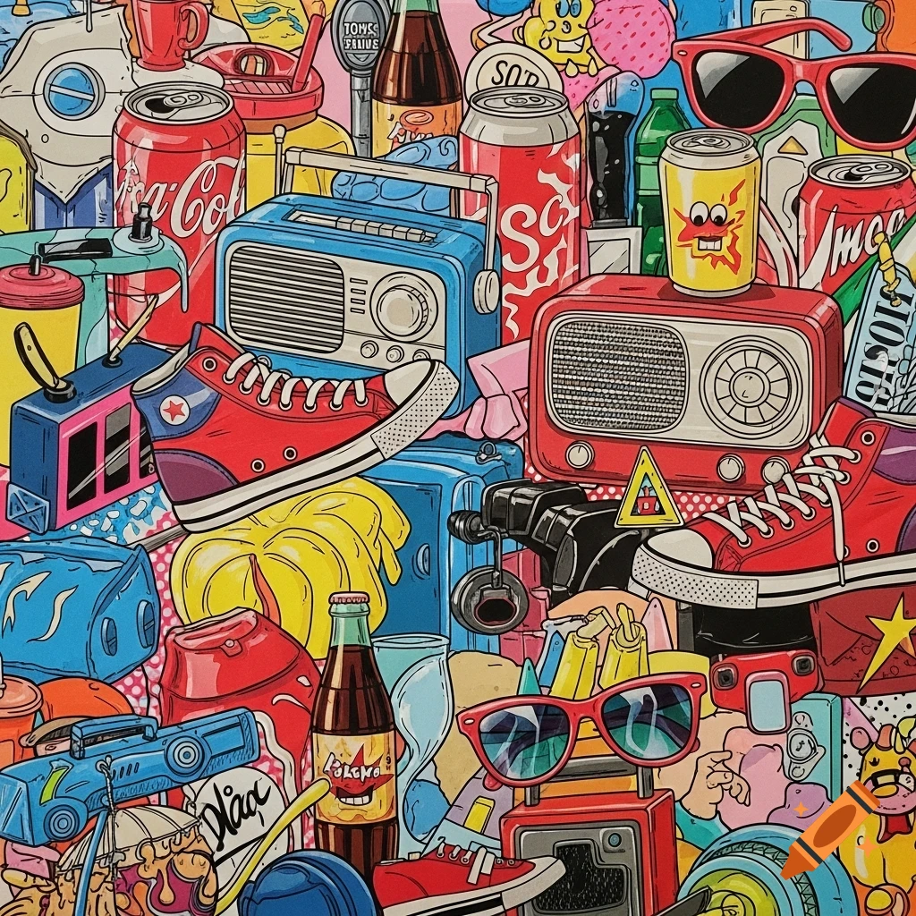 A vibrant pop art collage filled with various everyday objects like soda cans, vintage radios, sneakers, sunglasses, and bottles, rendered in bold colors and outlines.