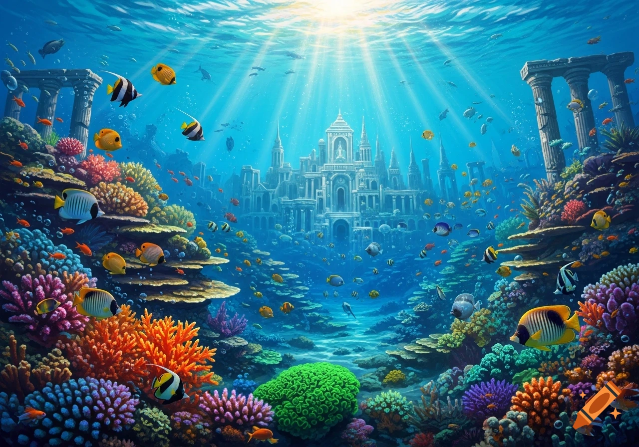 Vibrant underwater scene with tropical fish swimming among colorful coral reefs, with a grand, ancient sunken city resembling Atlantis in the sun-drenched background.