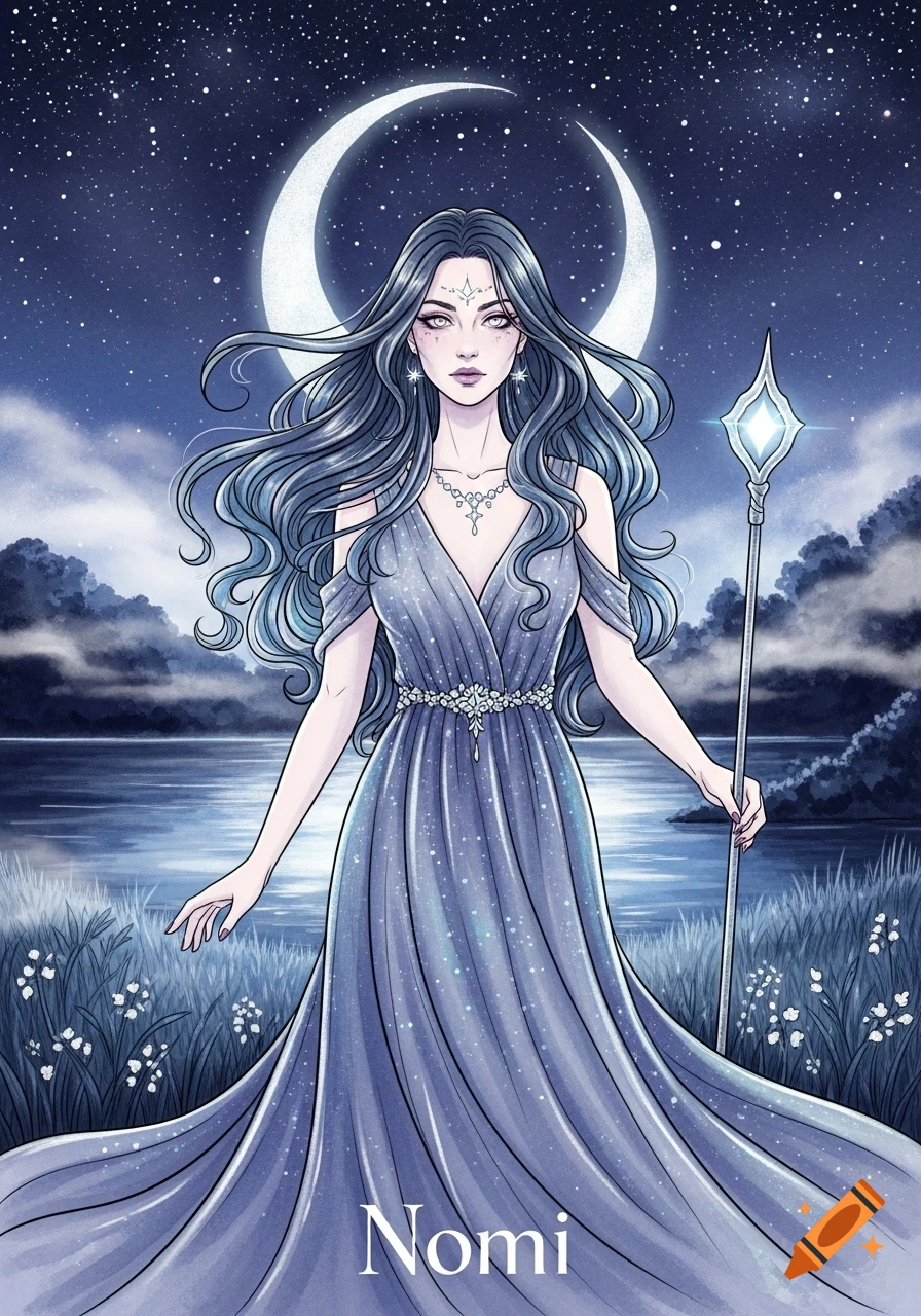 An illustrated goddess-like woman in a flowing blue dress holds a glowing staff under a crescent moon and starry night sky by a lake.