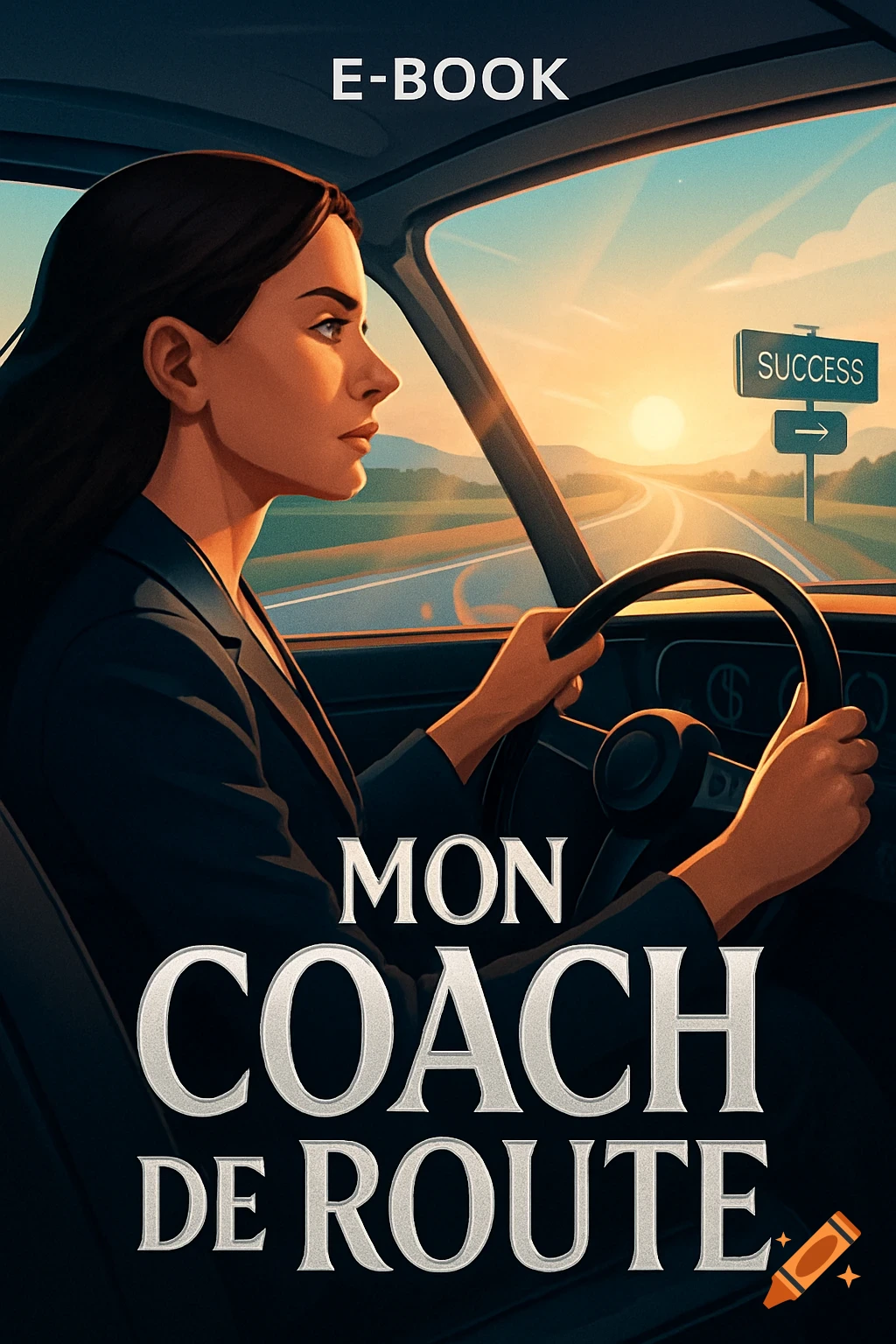 Illustrated book cover of a woman driving on a highway towards a sunset, with a 'SUCCESS' sign and text 'E-BOOK MON COACH DE ROUTE'.