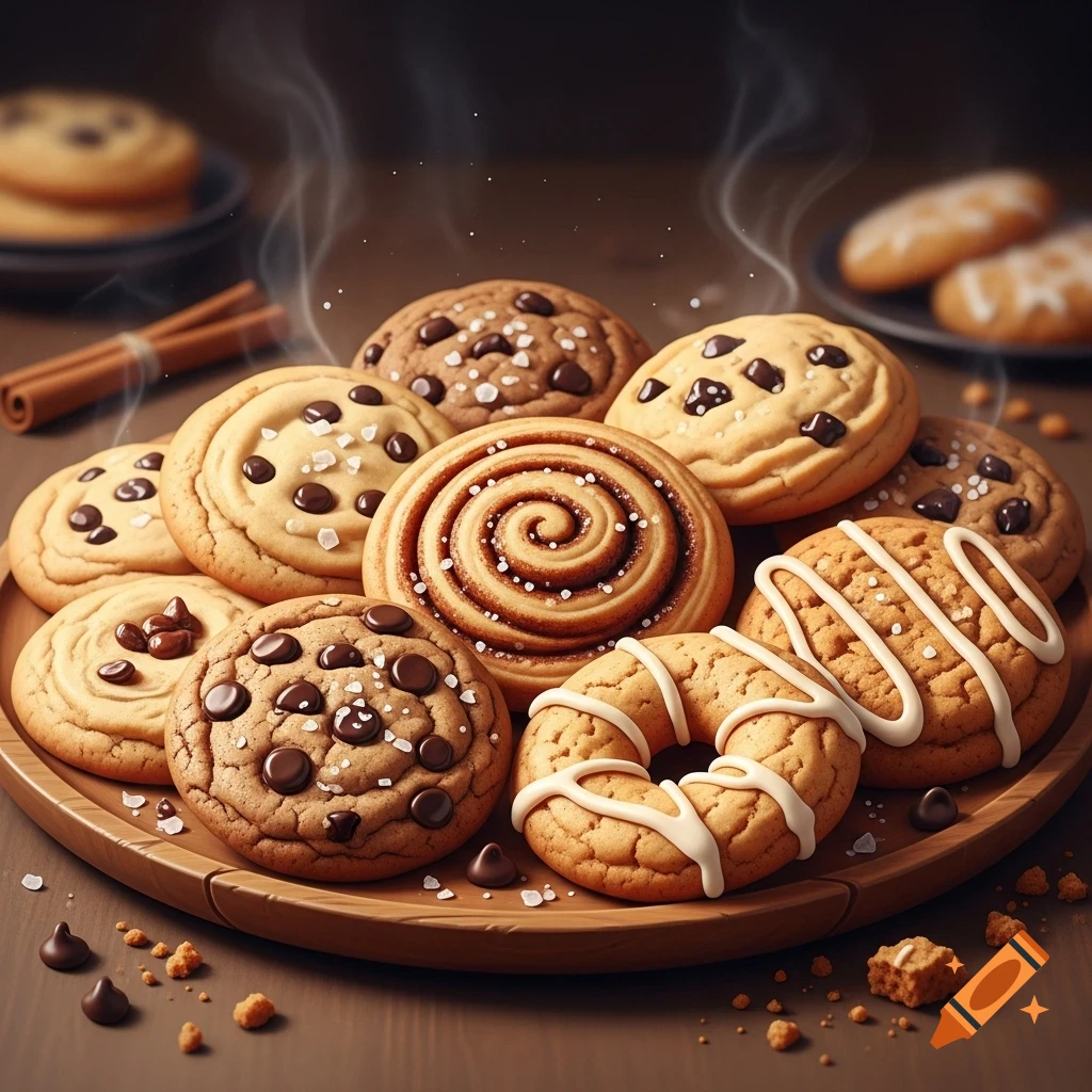 A wooden tray piled high with a variety of warm cookies, including chocolate chip, frosted, and cinnamon rolls, with steam rising.