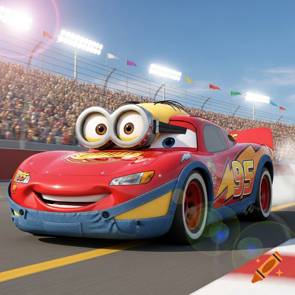 Lightning McQueen race car with Minion goggles and denim overalls, racing on a track with a crowd.