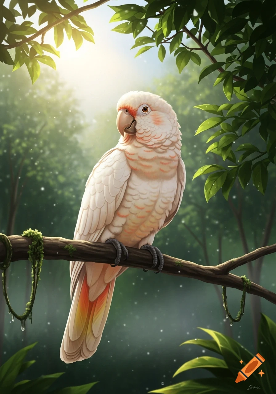 A creamy white parrot with a peach-colored face sits on a mossy branch in a sun-dappled green jungle, digital art.