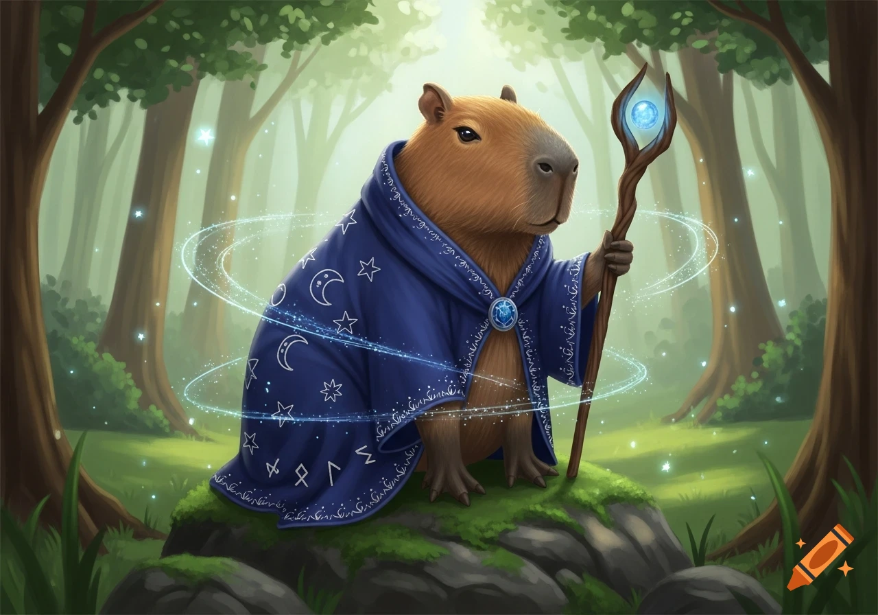 A capybara wizard in a blue robe with moons and stars, holding a ...