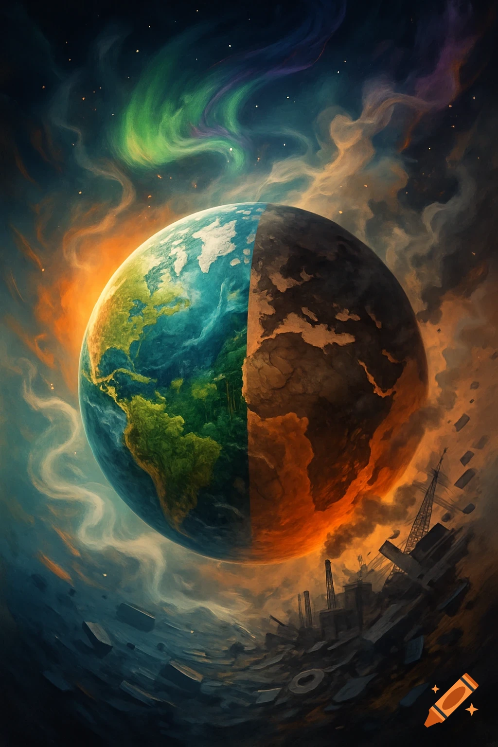 Digital art of Earth split: one half vibrant and green, the other barren and polluted with factories, under an aurora.